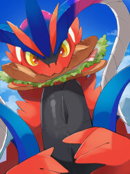 Rule 34 | absurdres, bread, cloud, colored sclera, commentary request, creatures (company), day, eating, food, game freak, highres, koraidon, lettuce, looking at viewer, mouth hold, nintendo, no humans, orange eyes, outdoors, pokemon, pokemon (creature), red pupils, sandwich, sky, solo, tao (himawari-tuki), tomato, tomato slice, yellow sclera