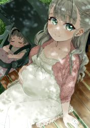 Rule 34 | 2girls, absurdres, aged up, aino pekonen, baby, belly, bench, blue eyes, blush, child, closed eyes, dappled sunlight, dress, female focus, grass, grey hair, hand on own stomach, highres, jewelry, kokoro navi, long hair, looking at viewer, mother and daughter, multiple girls, outdoors, pregnant, ring, sitting, sleeping, smile, stroller, sunlight, wavy hair, white dress, yowamidori
