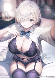 Rule 34 | 1girl, bed, bedroom, black bra, black panties, black thighhighs, blurry, blurry background, bow, bowtie, bra, breasts, garter belt, garter straps, hair over one eye, indoors, kurono mitsuki, large breasts, looking at viewer, navel, open clothes, open shirt, original, panties, shirt, short hair, sitting, solo, thighhighs, thighs, tomboy childhood friend (kurono mitsuki), underwear, white hair, white shirt