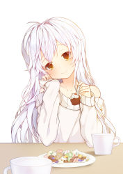 Rule 34 | 1girl, blueberry, blush, butter, cake, cherry, coffee mug, collarbone, cup, food, fruit, highres, holding, holding spoon, long hair, looking at viewer, mug, original, pancake, plate, smile, solo, spoon, strawberry, sweater, table, teacup, tp (kido 94), whipped cream, white hair, yellow eyes