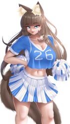Rule 34 | 1girl, animal ear fluff, animal ears, blue eyes, breasts, brown hair, brown tail, cat ears, cat girl, cheerleader, cleavage, crop top, fluffy, happy, large breasts, large tail, long hair, looking at viewer, midriff, open mouth, original, short sleeves, skirt, striped clothes, striped skirt, tail, takie, takie arts, thick thighs, thighs, two-tone skirt, very long hair, white background, white skirt