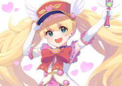 Rule 34 | 1girl, :d, arms up, blonde hair, bow, commentary request, elbow gloves, gloves, green eyes, hair between eyes, hand on headwear, hat, heart, highres, holding, long hair, monika weisswind, open mouth, peaked cap, princess connect!, red bow, red hat, shimon (31426784), shirt, simple background, sleeveless, sleeveless shirt, smile, solo, teeth, twintails, upper body, upper teeth only, v-shaped eyebrows, very long hair, white background, white gloves, white shirt, white wings, winged hat, wings