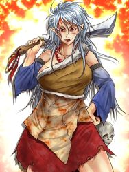 Rule 34 | 1girl, blood, blood on clothes, breasts, cowboy shot, detached sleeves, forehead tattoo, hand on own hip, hashitsuki nata, hatchet, hidden star in four seasons, holding, holding sword, holding weapon, large breasts, long hair, looking at viewer, nata (tool), over shoulder, pointy ears, red eyes, red skirt, ryuuichi (f dragon), sakata nemuno, shadow, silver hair, skirt, skull, solo, sword, sword over shoulder, torn clothes, torn skirt, touhou, tusks, weapon, weapon over shoulder, wide sleeves