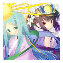 Rule 34 | 2girls, amaterasu (p&amp;d), aqua eyes, aqua hair, bad id, bad pixiv id, bare shoulders, black hair, coat, floral print, flower, hair flower, hair ornament, haori, headpiece, japanese clothes, jewelry, kimono, long hair, long sleeves, looking at another, lots of jewelry, multiple girls, nano00, ponytail, puzzle &amp; dragons, red eyes, sleeping, sun, upper body, very long hair, yomi (p&amp;d)