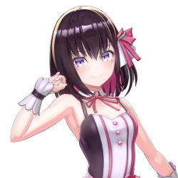 Rule 34 | 1girl, 3d, armpits, azki (3rd costume) (hololive), azki (hololive), chuukarudoruhu, clenched hand, colored inner hair, detached collar, eyebrows hidden by hair, fang, highres, hololive, idol, idol clothes, kneehighs, multicolored hair, official art, open hand, pink hair, pink skirt, purple hair, single kneehigh, single sock, skirt, smile, socks, solo, upper body, virtual youtuber, wrist cuffs