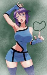 Rule 34 | against glass, asymmetrical clothes, blue eyes, breasts, candy, dress, fingerless gloves, food, gloves, highres, lollipop, medium breasts, microdress, midriff, official alternate costume, orbibobi, purple hair, rosario+vampire, saliva, shirayuki mizore, skindentation, skirt, thighhighs, tongue, tongue out