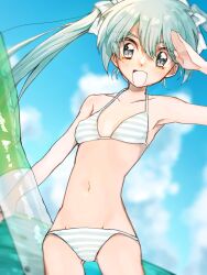 Rule 34 | 1girl, arm up, armpits, bikini, blue sky, breasts, cloud, cowboy shot, green eyes, green hair, hatsune miku, inflatable toy, long hair, looking at viewer, open mouth, rincho, salute, sky, small breasts, smile, solo, spring onion, striped bikini, striped clothes, swimsuit, twintails, very long hair, vocaloid, water