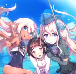 Rule 34 | 10s, 1boy, 2girls, admiral (kancolle), bad id, bad pixiv id, blonde hair, blue eyes, crop top, cropped jacket, dual persona, flower, garrison cap, girl sandwich, gloves, hair flower, hair ornament, hat, kantai collection, little boy admiral (kancolle), long hair, military, military uniform, multiple girls, nijimaarc, one-piece swimsuit, puffy sleeves, ro-500 (kancolle), sailor collar, sandwiched, school swimsuit, swimsuit, swimsuit under clothes, tan, tanline, u-511 (kancolle), uniform, v
