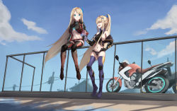 Rule 34 | 2girls, black gloves, black shorts, blonde hair, blue sky, boots, bottle, breasts, building, chinese commentary, clothing cutout, cloud, constellation (warship girls r), day, elbow gloves, gloves, hair ornament, hairclip, high ponytail, holding, holding bottle, large breasts, long hair, micro shorts, midriff, motor vehicle, motorcycle, multiple girls, navel, outdoors, railing, saratoga (warship girls r), shorts, shoulder cutout, sideboob, sidelocks, sitting, sky, standing, thigh boots, thighhighs, underboob, utility pole, very long hair, warship girls r, water bottle, x hair ornament, xueci