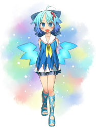 Rule 34 | 1girl, ahoge, alternate costume, ascot, bare shoulders, bike shorts, blue eyes, blue hair, bow, cirno, dress, fang, full body, gladiator sandals, gojuuroku, hair bow, hair ornament, hairpin, ice, ice wings, isoroku (gojuuroku), matching hair/eyes, open mouth, sailor collar, sandals, smile, solo, standing, touhou, wings