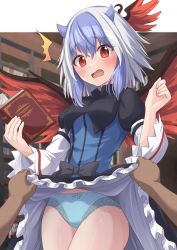 Rule 34 | 1girl, absurdres, blue panties, blush, bow, bow panties, clothes lift, commentary request, highres, lifting another&#039;s clothes, looking at viewer, panties, ramie (ramie541), red eyes, shiny skin, short hair, skirt, skirt lift, surprised, thighs, tokiko (touhou), touhou, underwear, wings