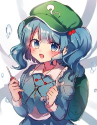 Rule 34 | 1girl, :d, backpack, bag, blue eyes, blue hair, breasts, flat cap, green bag, green hat, hair bobbles, hair ornament, hat, highres, holding, holding screwdriver, holding wrench, kawashiro nitori, key, looking at viewer, medium breasts, moshihimechan, open mouth, screwdriver, smile, solo, touhou, twintails, wrench