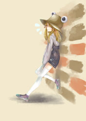 Rule 34 | 1girl, blonde hair, blunt ends, casual, contemporary, feet against wall, foot against wall, full body, grey shirt, hair ribbon, highres, long sleeves, looking at viewer, looking to the side, moriya suwako, notice lines, overall shorts, overalls, own hands together, pyonta, ribbon, sawararado, shirt, shoes, simple background, sketch, sneakers, solo, thighhighs, touhou, wall, white thighhighs, zettai ryouiki