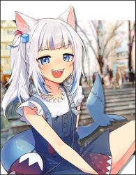 Rule 34 | 1girl, animal ears, blue dress, blue hair, blush, cat ears, collarbone, commentary, dress, english commentary, eyebrows hidden by hair, fins, fish tail, gawr gura, gawr gura (casual), hololive, hololive english, kemonomimi mode, multicolored hair, open mouth, shark tail, sharp teeth, shirt, side ponytail, silver hair, sitting, smile, smug, solo, stitches, streaked hair, tail, teeth, virtual youtuber, vyolfers, white shirt