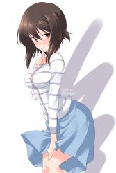 Rule 34 | 1girl, blue skirt, blush, breasts, brown eyes, brown hair, casual, closed mouth, commentary request, dated, finger to mouth, girls und panzer, grey shirt, hand on own leg, head tilt, highres, kuzuryuu kennosuke, leaning forward, long shirt, looking at viewer, medium breasts, medium skirt, nishizumi maho, one-hour drawing challenge, shirt, short hair, shushing, simple background, skirt, smile, solo, standing, striped clothes, striped shirt, twitter username, white background