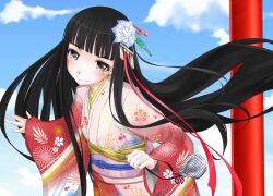 Rule 34 | 1girl, black hair, blue flower, blue sky, blunt bangs, blush, closed mouth, cloud, cloudy sky, commentary request, day, floral print, flower, grey eyes, hair flower, hair ornament, head tilt, hime cut, himegami aisa, japanese clothes, kimono, long hair, long sleeves, looking at viewer, multicolored clothes, multicolored kimono, obi, outdoors, sash, shin (highest1192), sidelocks, sky, smile, solo, toaru majutsu no index, upper body, very long hair, wide sleeves, yukata