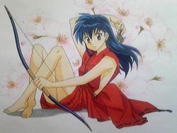 Rule 34 | archer (fate), arrow (projectile), barefoot, black hair, bow, bow (weapon), breasts, fate (series), higurashi kagome, inuyasha, marksman, sideboob, sitting, weapon