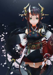 Rule 34 | 1girl, armor, black gloves, black hair, black kimono, black thighhighs, blunt bangs, blurry, closed mouth, cowboy shot, depth of field, detached sleeves, elbow gloves, floating hair, floral print, gloves, green eyes, highres, holding, holding sword, holding weapon, horns, japanese armor, japanese clothes, katana, kimono, kusazuri, long hair, looking at viewer, multicolored hair, obi, oni horns, original, pauldrons, pixiv fantasia, pixiv fantasia t, pointy ears, ranyu kuro, red hair, sash, short kimono, shoulder armor, single horn, sleeveless, sleeveless kimono, solo, streaked hair, sword, thick eyebrows, thighhighs, weapon, wide sleeves