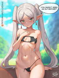 Rule 34 | 1girl, bare shoulders, blush, bra, breasts, cameltoe, cleft of venus, closed mouth, earrings, ecchisage, elf, frieren, green eyes, jewelry, long hair, looking at viewer, navel, panties, parted bangs, pointy ears, small breasts, solo, sousou no frieren, thighs, torn bra, torn clothes, torn panties, twintails, underwear, wet, white hair