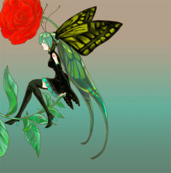 Rule 34 | 1girl, antennae, arthropod girl, bad id, bad pixiv id, bug, butterfly, detached sleeves, flower, green hair, hatsune miku, head wings, hoshino hitsuki, insect, long hair, monster girl, rose, sitting, solo, thighhighs, very long hair, vocaloid, wings
