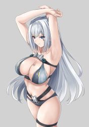 Rule 34 | 1girl, armpits, blue eyes, breast tattoo, breasts, cleavage, ethel (xenoblade), grey background, grey hair, highres, large breasts, long hair, navel, simple background, solo, tattoo, very long hair, xenoblade chronicles (series), xenoblade chronicles 3, yuuuun0218