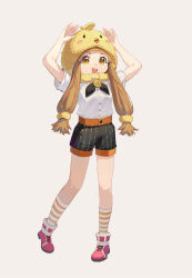 1girl absurdres arms_up bird_hat brown_hair full_body highres ichihara_nina idolmaster idolmaster_cinderella_girls idolmaster_cinderella_girls_u149 kankou_tokudou long_hair open_mouth orange_eyes shirt shorts simple_background smile socks solo striped_clothes striped_socks twintails white_background