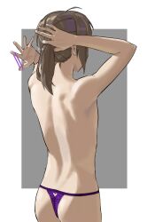 Rule 34 | 1boy, androgynous, ass, back, bare back, brown hair, crossdressing, dima (girls&#039; frontline), from behind, genderswap, genderswap (ftm), girls&#039; frontline, girly boy, hands in hair, highres, holding, holding own hair, lingerie, male focus, nape, panties, ponytail, purple panties, short ponytail, shortofsugar, sidelocks, simple background, solo, topless, topless male, trap, tying hair, underwear, underwear only, upper body