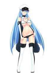 Rule 34 | 10s, 1girl, adapted costume, akame ga kill!, alternate costume, bare shoulders, black panties, blue eyes, blue hair, breasts, cleavage cutout, clothing cutout, elbow gloves, esdeath, froznkamui, full body, gloves, grey background, hat, large breasts, long hair, matching hair/eyes, midriff, navel, panties, panty pull, peaked cap, smile, solo, thighhighs, transparent background, underboob, underwear, very long hair, white thighhighs
