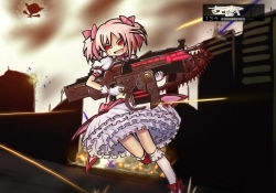Rule 34 | 1girl, blood, bloody weapon, bow, bubble skirt, choker, deculture, explosion, gameplay mechanics, gears of war, gloves, gun, hair bow, highres, kaname madoka, kneehighs, lancer (gears of war), magical girl, mahou shoujo madoka magica, mahou shoujo madoka magica (anime), parody, pink hair, projectile trail, puffy sleeves, rifle, running, skirt, socks, solo, tracer ammunition, two side up, user interface, walpurgisnacht (madoka magica), weapon, white gloves