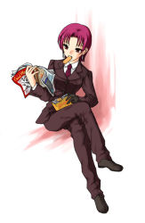 Rule 34 | 00s, 1girl, bazett fraga mcremitz, caloriemate, fate/hollow ataraxia, fate/stay night, fate (series), food, formal, magazine (object), mouth hold, pant suit, pants, purple hair, reading, short hair, solo, suit