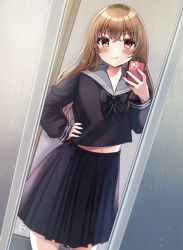 Rule 34 | 1girl, bad id, bad pixiv id, black bow, black shirt, black skirt, blush, bow, brown hair, cellphone, closed mouth, commentary request, dutch angle, grey sailor collar, hair between eyes, hand on own hip, hand up, holding, holding phone, indoors, long hair, long sleeves, midriff peek, minami saki, mirror, navel, original, phone, pleated skirt, red eyes, reflection, sailor collar, selfie, shirt, skirt, sleeves past wrists, solo, standing, taking picture, v-shaped eyebrows, very long hair