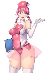 Rule 34 | 1girl, :d, adapted costume, ass, blue eyes, bodysuit, breasts, clip studio paint (medium), commentary request, covered navel, creatures (company), elbow gloves, eyelashes, game freak, gloves, hand up, hat, holding, joy (pokemon), leotard, long hair, nagase haruhito, nintendo, nurse cap, open mouth, pink hair, pokemon, pokemon sm, skin tight, smile, solo, teeth, thighhighs, tongue, upper teeth only, white gloves, white thighhighs