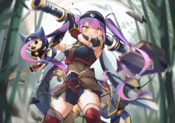 Rule 34 | 1girl, alternate costume, arm guards, armor, arms up, blush, breasts, canyne, cat, commentary, cowboy shot, felyne, from below, green eyes, headband, highres, holding, holding weapon, hololive, japanese armor, kamura (armor), katana, long hair, looking at viewer, medium breasts, monster hunter (series), monster hunter rise, mr.lime, multicolored hair, pink hair, purple hair, red thighhighs, sword, thighhighs, tokoyami towa, twintails, two-tone hair, very long hair, virtual youtuber, weapon
