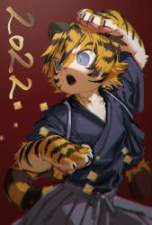 Rule 34 | 1boy, 2022, animal ears, black hair, blonde hair, blue eyes, chinese zodiac, chromatic aberration, claws, facial mark, fighting stance, furry, furry male, hakama, highres, jam (jam uo), japanese clothes, male focus, multicolored hair, open mouth, original, slit pupils, solo, tail, tiger boy, tiger ears, tiger tail, year of the tiger