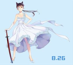 Rule 34 | 1girl, agahari, animal ears, black hair, blue background, blunt bangs, commentary request, dress, dress flower, elbow gloves, extra ears, eyepatch, full body, gloves, high heels, highres, katana, long hair, long sleeves, looking at viewer, ponytail, print eyepatch, sakamoto mio, sheath, sheathed, solo, strike witches, sword, weapon, white dress, white footwear, white gloves, world witches series