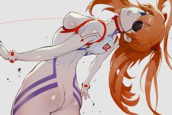 Rule 34 | 1girl, arched back, ass, blue eyes, bodysuit, breasts, brown hair, chimjoljol (cute goblin), covered erect nipples, curvy, evangelion: 3.0+1.0 thrice upon a time, eyepatch, from behind, highres, interface headset, long hair, looking at viewer, looking back, medium breasts, neon genesis evangelion, nipples, one-eyed, pilot suit, plugsuit, rebuild of evangelion, shiny clothes, simple background, skin tight, solo, souryuu asuka langley, teeth, twintails, two side up, white bodysuit