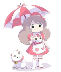 Rule 34 | 1girl, :o, animal, apron, bee (bee and puppycat), bee and puppycat, bell, black eyes, boots, bow, brown hair, cat, choker, full body, hair bow, iesupa, image sample, jingle bell, parted lips, puppycat, simple background, skirt, solid circle eyes, solo, standing, tareme, umbrella, white background