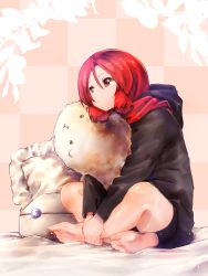 Rule 34 | 1girl, barefoot, checkered background, closed mouth, commentary request, cushion, from side, full body, hair between eyes, hands on own leg, highres, hood, indian style, kemurikusa, own hands together, red eyes, red hair, riku (kemurikusa), shiro (kemurikusa), sitting, smile, usapenpen2019, v arms