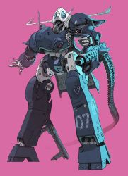 Rule 34 | ammunition belt, blue eyes, gun, highres, holding, holding gun, holding weapon, looking at viewer, makitagenia, mecha, no humans, open hand, original, pink background, radio antenna, robot, science fiction, solo, weapon