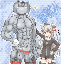 Rule 34 | 10s, 1boy, 1girl, abs, amatsukaze (kancolle), black dress, blush stickers, brown eyes, dress, grey hair, hair tubes, hairband, hand on own hip, innertube, jack (slaintheva), kantai collection, looking at viewer, muscular, open mouth, personification, rensouhou-kun, smile, sparkle, swim ring, twintails, two side up