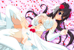 Rule 34 | 1girl, abs, akino masoho, bed, black hair, blue eyes, blush, breasts, bridal veil, cleavage, dress, elbow gloves, embarrassed, flower, gloves, hair flower, hair ornament, infinite stratos, large breasts, long hair, looking at viewer, lying, navel, on back, parted lips, shinonono houki, smile, solo, veil, wedding dress