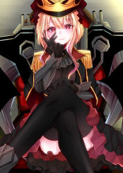 Rule 34 | 1girl, absurdres, alternate costume, black gloves, black headwear, black thighhighs, blonde hair, blue oath, blush, closed mouth, cross, cross necklace, gauntlets, gloves, hand on head, hand on own knee, hat, heart, heart print, highres, iwashi (wasii 91), jacket, jewelry, legs, long hair, looking at viewer, necklace, pink background, prinz eugen (blue oath), purple eyes, solo focus, thighhighs, uniform
