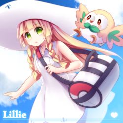 Rule 34 | 1girl, :o, bag, blonde hair, blue sky, braid, character name, cloud, creatures (company), day, dress, game freak, gen 7 pokemon, green eyes, hat, highres, lillie (pokemon), long hair, nintendo, pokemon, pokemon (creature), pokemon sm, rowlet, signature, sky, sleeveless, sleeveless dress, twin braids, white dress, yuinya (chicken5536)