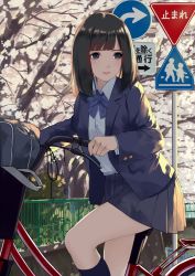 Rule 34 | 1girl, bag, bicycle, bicycle basket, black hair, blazer, blue bow, blue bowtie, blue eyes, blue skirt, blue socks, blunt bangs, bow, bowtie, bush, buttons, caidychen, commentary, highres, jacket, kneehighs, long hair, long sleeves, miniskirt, original, parted lips, pleated skirt, railing, road sign, school bag, school uniform, shirt, sign, skirt, socks, solo, stop sign, straight hair, tree, white shirt, wing collar