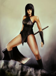 Rule 34 | 1girl, axe, black hair, fingerless gloves, gloves, nakamura ching, solo, warrior, weapon