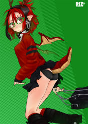 Rule 34 | 1girl, antlers, ass, bag, blush, boots, dragon girl, dragon horns, dragon tail, dragon wings, glasses, green-framed eyewear, horns, monster girl, nail polish, original, panties, pointy ears, red eyes, red hair, red nails, riz (robo8), robo8, solo, tail, underwear, wings