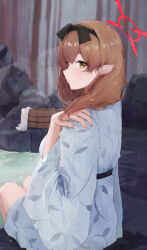 Rule 34 | 1girl, absurdres, bath yukata, black hairband, blue archive, blush, brown hair, bucket, chinatsu (blue archive), chinatsu (hot spring) (blue archive), hairband, halo, highres, japanese clothes, jianjia, kimono, looking at viewer, official alternate costume, onsen, patterned clothing, pointy ears, sitting, solo, towel, white towel, wooden bucket, yukata