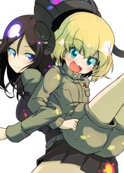 Rule 34 | 10s, 2girls, back-to-back, black footwear, black hat, black skirt, black vest, blonde hair, blue eyes, boots, closed mouth, commentary request, emblem, fang, girls und panzer, green jacket, green jumpsuit, hat, helmet, highres, jacket, jumpsuit, katyusha (girls und panzer), leaning forward, lifting person, locked arms, long hair, long sleeves, looking at viewer, looking back, military, military uniform, miniskirt, multiple girls, nonna (girls und panzer), open mouth, pleated skirt, pravda military uniform, short hair, short jumpsuit, simple background, skirt, smile, standing, sw (taco), tank helmet, uniform, vest, white background