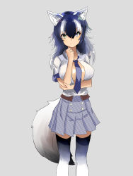 Rule 34 | 10s, 1girl, animal ears, between breasts, black hair, blue eyes, breasts, gradient background, grey wolf (kemono friends), heterochromia, highres, kemono friends, large breasts, long hair, looking at viewer, multicolored hair, necktie, necktie between breasts, open clothes, open shirt, shirt, skirt, solo, tail, two-tone hair, wolf ears, wolf tail, yellow eyes