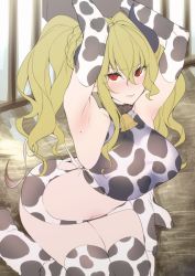 Rule 34 | 1girl, armpit crease, armpits, arms up, ass, ass cutout, bell, blonde hair, blush, breasts, butt crack, closed mouth, clothing cutout, hair between eyes, highres, hizuki akira, long hair, looking at viewer, midriff, navel, neck bell, original, red eyes, sketch, solo, window